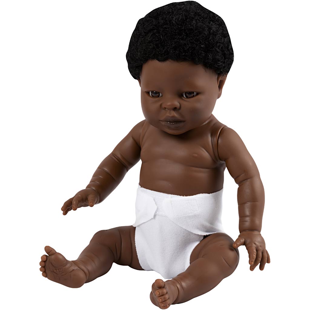 Babydukke, mørk dreng, str. 34 cm, 1 stk.