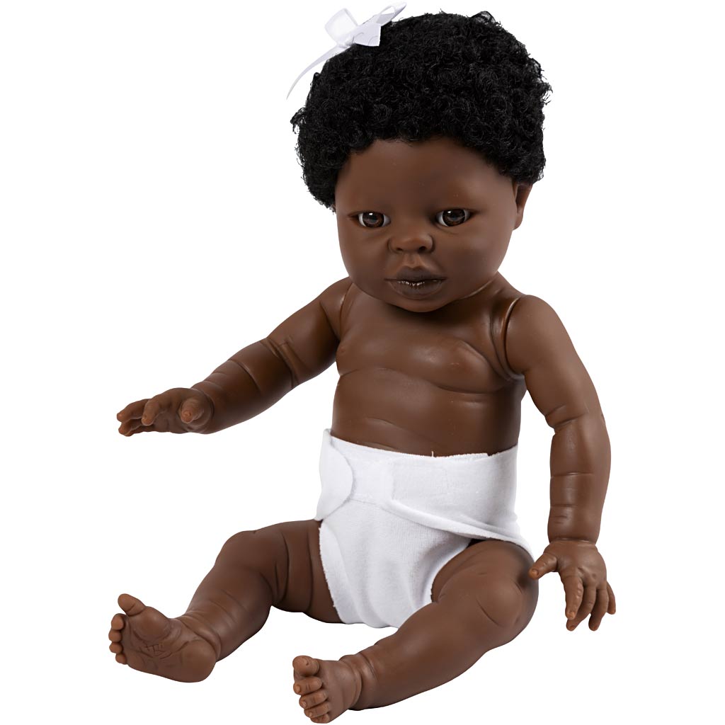 Babydukke, mørk pige, str. 34 cm, 1 stk.