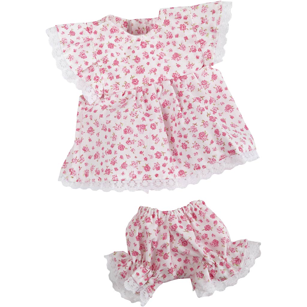 Dukketøj, kjole med bluse, str. 24 cm, 1 sæt
