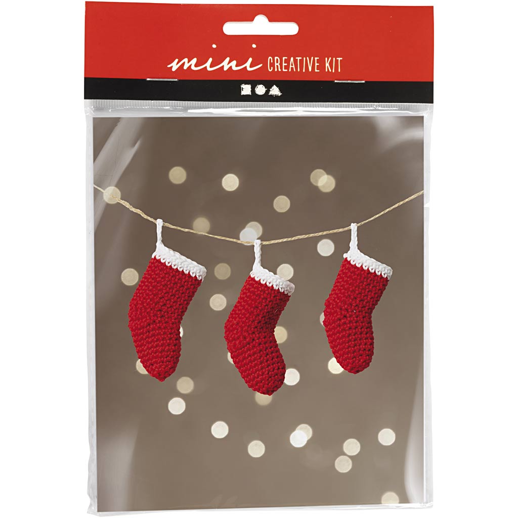 Mini Hobbyset Haken, Kerstsokken, rood/wit, 1 doos